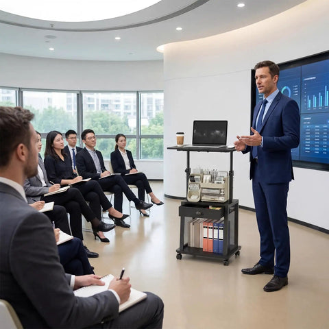 Height Adjustable Standing Desk On Wheels With Drawer And Storage in office meeting with presenter and laptop.