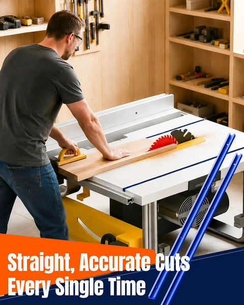 Man using saw with Two Pack 24 Inch Aluminum T Track For Woodworking Jigs And Fixtures, Double Cut Profile with pre-drilled holes