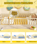 Totally Kid Approved Wooden Floor Bed With Secure Lockable Door And Heavy Duty Guardrails, showing open and closed door options.