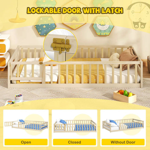 Totally Kid Approved Wooden Floor Bed With Secure Lockable Door And Heavy Duty Guardrails, showing open and closed door options.