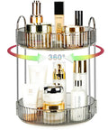 360 Degree Rotating Makeup Organizer With 2 Tier Lazy Susan Vanity Countertop Organizer For Skincare Haircare Perfume And Beauty Essentials In Classic Grey Easy Reach And Space Saving Convenience showcasing beauty items in guardrails