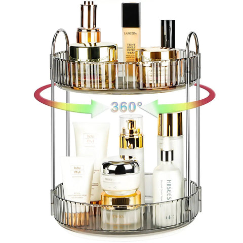 360 Degree Rotating Makeup Organizer With 2 Tier Lazy Susan Vanity Countertop Organizer For Skincare Haircare Perfume And Beauty Essentials In Classic Grey Easy Reach And Space Saving Convenience showcasing beauty items in guardrails