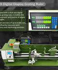 Shop Grade Benchtop Metal Lathe With Dual Chucks For Long Shafts Tubes 1100W Brushless Motor shown with digital display grating ruler.