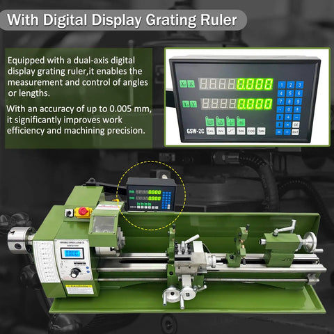 Shop Grade Benchtop Metal Lathe With Dual Chucks For Long Shafts Tubes 1100W Brushless Motor shown with digital display grating ruler.