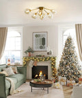 Seven Light Mid Century Modern Flush Mount Ceiling Light With Amber Glass Sputnik Globes Brass Gold Finish in living room