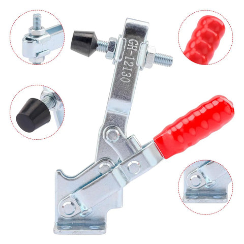 10 Pack Quick Release Horizontal Toggle Clamps Gh 12130 Heavy Duty Five Hundred Lbs Grip For Woodworking Welding close-up of clamp with red handle.