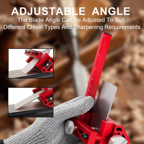 All In One Chisel Sharpening Kit With Honing Guide And 400 1000 Grit Diamond Stones Non Slip Base And Angle Guide Plus Hex Key And Storage Bag For Sharp Chisels And Plane Blades showing adjustable angle feature.