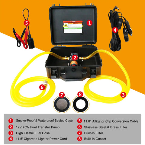 Heavy Duty 12 Volt Electric Fuel Transfer Pump Kit For Gasoline And Diesel With High Elastic Hose and accessories in waterproof case.