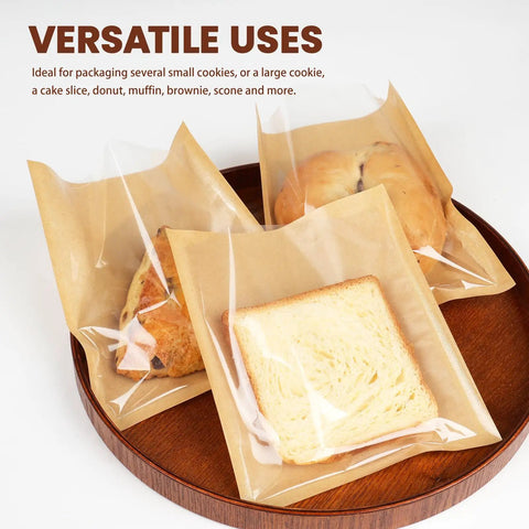 100 Pack Heat Sealable Cookie Bags With Window Grease Resistant Grab And Go Bakery Bags displayed with pastries