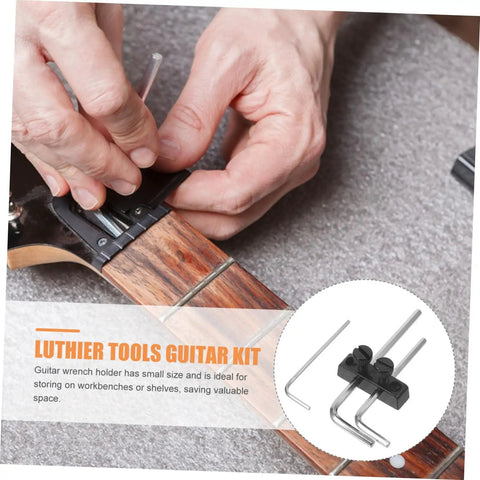 Hands installing Guitar Wrench Holder For Headstock Key Storage, Easy Install Tremolo Maintenance Tool on guitar neck.