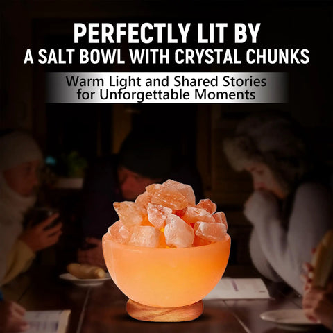 Natural Pink Salt Lamp Bowl With Crystal Chunks For Air Purification And Calming Ambiance glowing in a cozy room setting