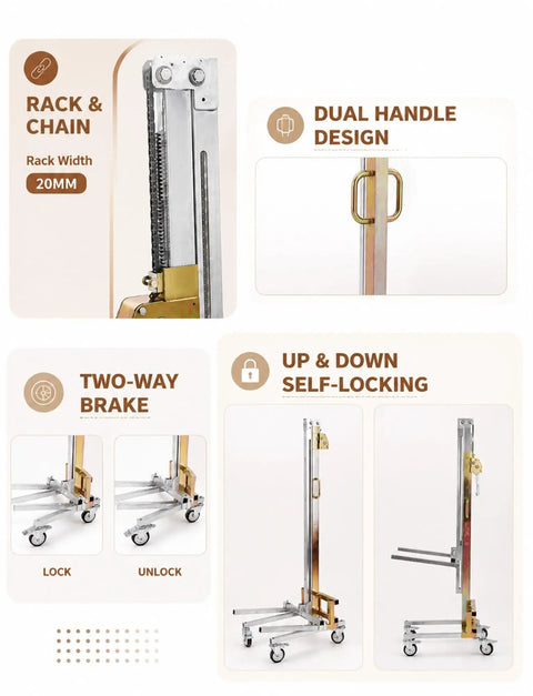 Heavy Duty Portable Mobile Lifting Stacker Tool That Lets You Boss Cabinets Into Place With Ease For Epic Home Makeovers And Serious Workshop Jobs Today features dual handles and a two-way brake.