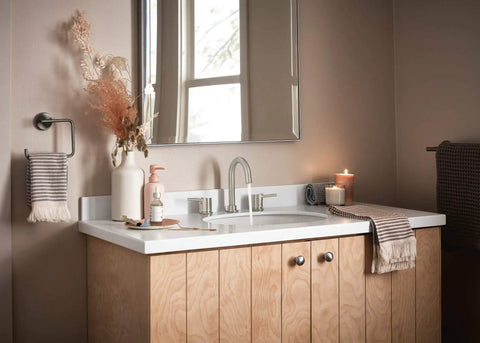 Precept Widespread Bathroom Faucet Brushed Nickel, Easy Install for 3-Hole 6-16 Inch Setup on modern wooden vanity.