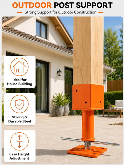 No Sweat Setup For Your Outdoor Build With These Heavy Duty 4 Pack Screw Jack Posts Featuring 4X4 Adjustable Steel Plates For Deck And Foundation Leveling Support, close-up of adjustable screw jack with wooden post.