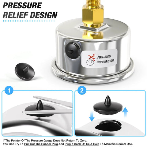 Stainless Steel Dry Pressure Gauge 0-200 Psi, pressure relief cap and installation detail, 2 inch dial, center back mount.