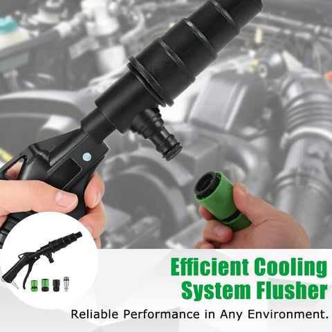 Heavy Duty Radiator Coolant Flush Gun With Manual Twin Pump To Blow Out Stubborn Buildup And Rust From Heater Cores And Entire Cooling System For A Smooth Running Rig, close-up of flushing nozzle.