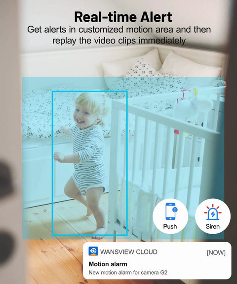 Baby in crib monitored by 2K Indoor Security Cam With 360 Degree View For Pets And Baby, Night Vision, Built In Siren, Local SD Storage.