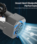 Gear motor with mounting bracket; gray metal housing and wiring harness, side view
