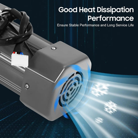 Gear motor with mounting bracket; gray metal housing and wiring harness, side view