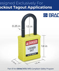 Six Pack Yellow Keyed Alike Lockout Padlocks With Key Retaining Brass Cylinders For OSHA Safety Compliance Lightweight Nylon Bodies Non Conductive Shackle One Key Per Lock, featuring dimensions 1.8 x 1.5 inches