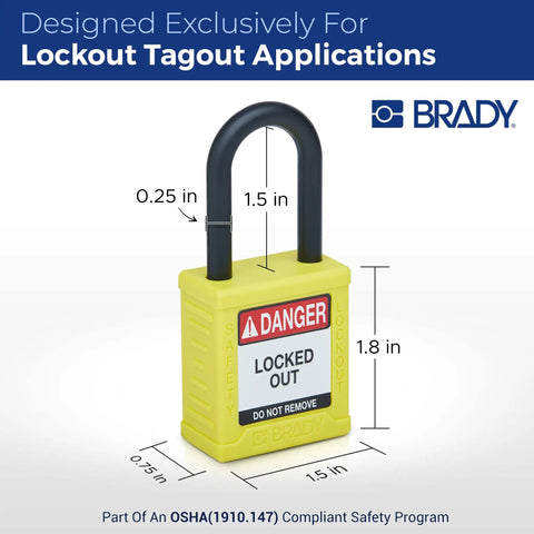 Six Pack Yellow Keyed Alike Lockout Padlocks With Key Retaining Brass Cylinders For OSHA Safety Compliance Lightweight Nylon Bodies Non Conductive Shackle One Key Per Lock, featuring dimensions 1.8 x 1.5 inches