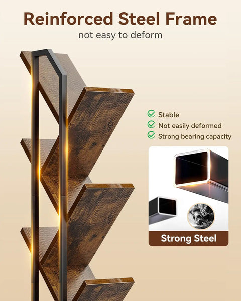 Close-up of reinforced steel frame and wood shelves of Tree Bookshelf With LED Lights, 6-Tier Narrow Bookcase For Small Spaces.