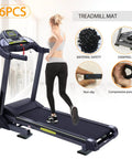 Heavy Duty Treadmill Mat Pads 6 Pack For Home Gym Shock Absorbing Rubber Floor Protectors in use with treadmill and features