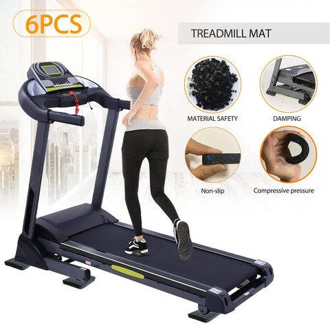 Heavy Duty Treadmill Mat Pads 6 Pack For Home Gym Shock Absorbing Rubber Floor Protectors in use with treadmill and features
