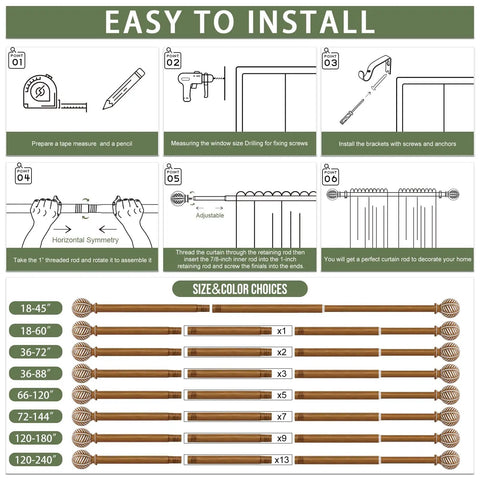 Installation guide for Wood Boho Curtain Rods For Windows with Heavy Duty Adjustable Rustic Finish and size chart