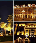 LED Floodlight illuminating trees and buildings at night, showcasing bright light and architectural features.