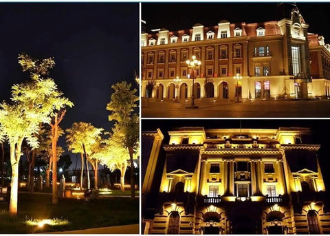 LED Floodlight illuminating trees and buildings at night, showcasing bright light and architectural features.