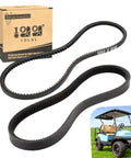 Clutch Drive Belt And Starter Generator Belt Kit For Club Car DS 1997 Up And Club Car Precedent 2004 Up Gas Golf Carts Replaces OEM 1016203 And 101916701 shown with packaging and golf cart