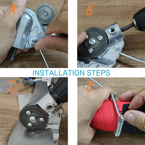 Installation steps for Pro Grade Electric Drill Plate Cutter For Metal Sheets With Adapter Included on wood surface