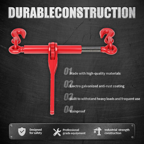 Heavy Duty Ratchet Chain Binder Set 2 Pack 3/8 to 5/16 Inch G80 Chain 10 Foot Long 4900 Lbs Working Load Limit Hauling Tie Down for Flatbed Truck Trailer, showing red binder with hooks and durability features.