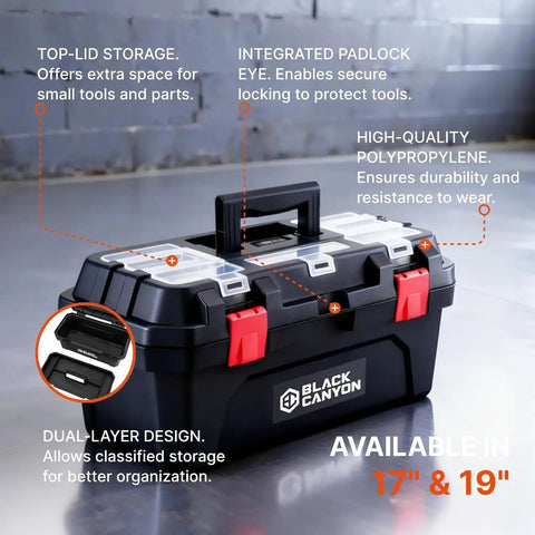 Heavy Duty 17 Inch Stackable Plastic Tool Box Carries 44 Lbs Gritty Polypropylene Shell Reinforced Latches Built Tough As Nails For Trade Pros Diy Makers And Weekend Grinders