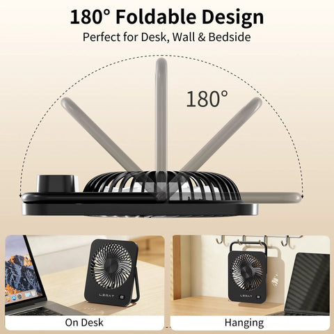 Must Have Compact USB Desk Fan With LED Display 5 Speed Ultra Quiet Portable Mini Fan shown with 180 degree foldability