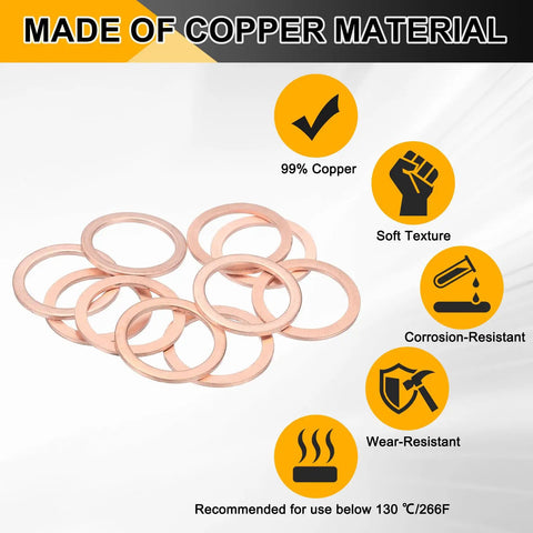 Heavy Duty Top Tier Copper Flat Washers M22 Drain Plug Gaskets 22mm Id 28mm Od 1.5mm Thick 14 Pack showing corrosion-resistant copper material.