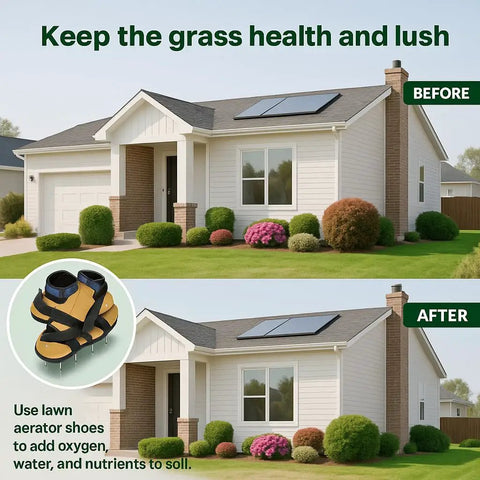 Illustration showing before and after lawn care using Heavy Duty Lawn Aerator Shoes With Spikes, Spiked Sandals For Lawn Aeration.