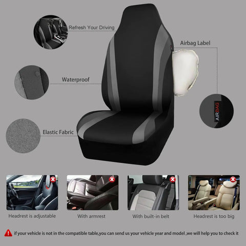 Neoprene Front Seat Covers for Trucks SUVs Vans, Waterproof, Airbag Compatible, High Back Bucket Seats, Black and Gray image