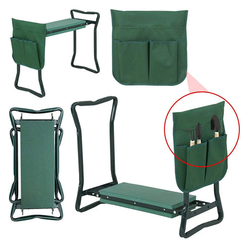 Grab And Go Folding Garden Kneeler Bench With Foam Cushioned Kneeling Pad, lightweight pipe frame, removable pad, tools stored
