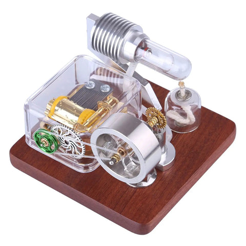 Hot Air Engine Model Kit With Rotating Mechanical Music Box on wooden base, showing cylinder and music components.