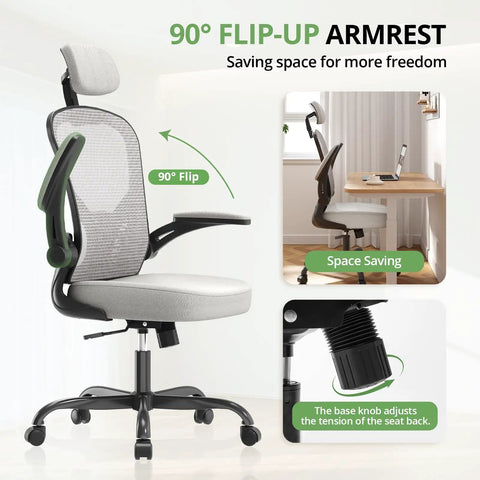 Ergonomic Office Chair For Long Hours Boss Level Comfort High Back Desk Chair With Adjustable Headrest And Lumbar Support Flip Up Armrests Rolling Swivel Task Chair 330 Lbs Capacity Ideal For Home Office Black And Gray showing flip-up armrest feature