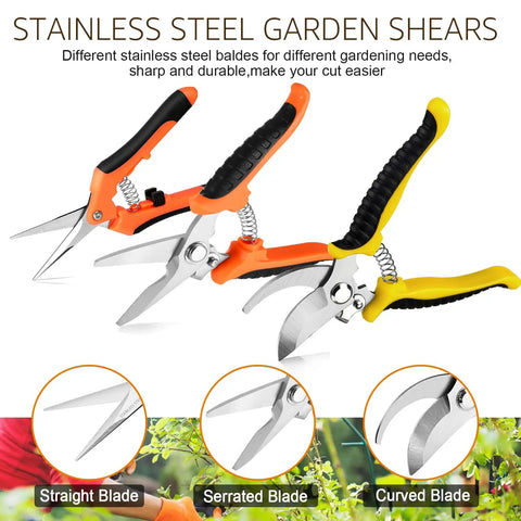 3 Pack Garden Pruning Shears With Stainless Steel Blades, Ergonomic Non Slip Handles, Easy Open Spring, Gardening Set