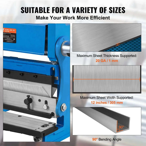 12 Inch 3 In 1 Sheet Metal Shear Brake Roll Machine For Home Shop DIY Friendly showing max sheet thickness, width, and 90° bends
