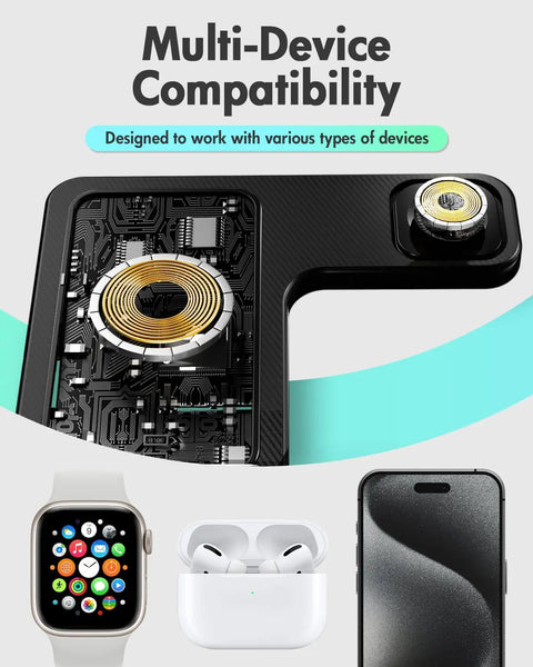 3 In 1 Wireless Charging Station For iPhone Watch And AirPods Fast Drop In Charger Stand with visible internals showing circuitry.