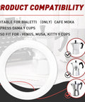 6 Pack Silicone Gasket Seals For Moka Express Dama 9 Cup Stovetop Coffee Maker displayed with compatibility details