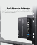 No Sweat Setup 4K HDMI Cat6 KVM Extender mounted in a rack, showcasing compact design and various ports for connectivity.