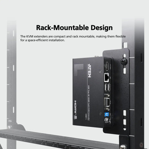 No Sweat Setup 4K HDMI Cat6 KVM Extender mounted in a rack, showcasing compact design and various ports for connectivity.