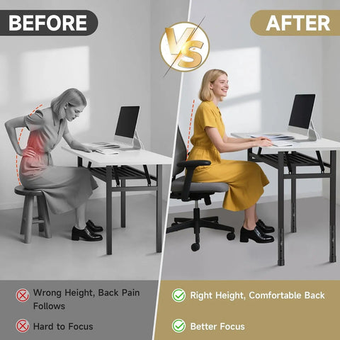 Before and after image showing improved posture with Adjustable Folding Table Leg Risers Four Pack Metal Height Extenders.