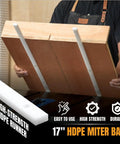 Table Saw Sled Kit With 17 Inch Predrilled Miter Bar being held, showcasing high-strength HDPE runner for woodworking use.